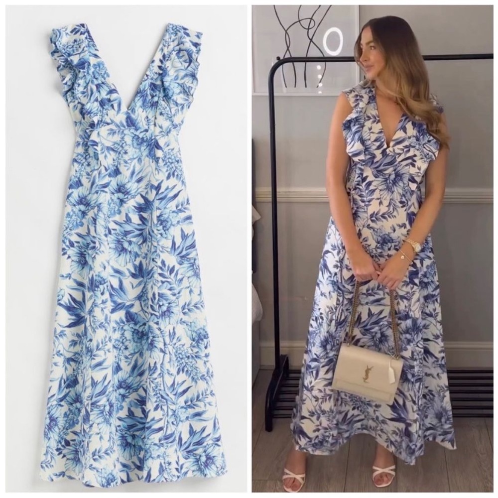 H&M Linen Blend Floral Flounced Dress New